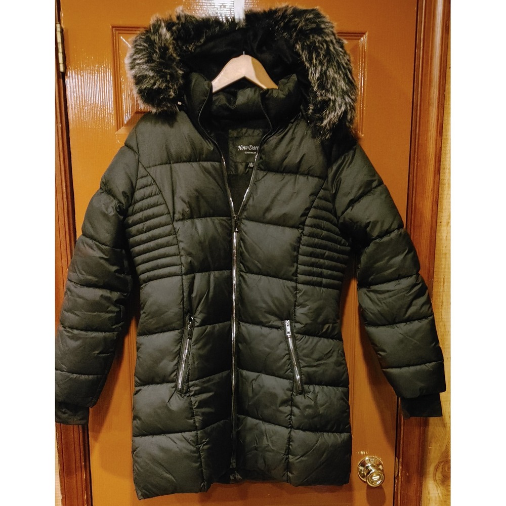 How Dare U Puffer Jacket Women Large Black Excellent Faux Fur Hood Mid-Length
